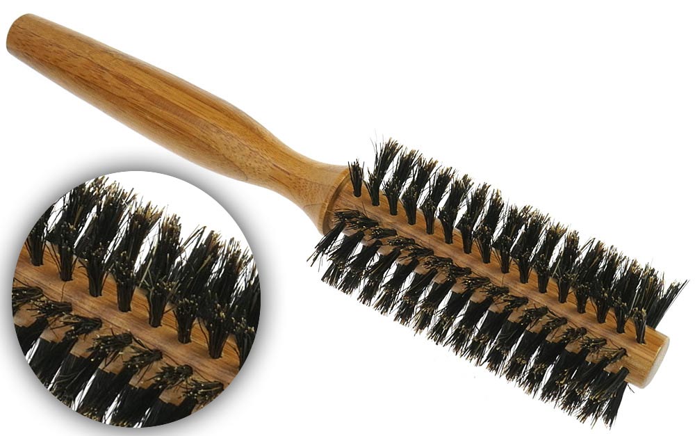 Haarbürste Rundbürste mit Wildschwein-borsten, Große Kosmetex Rund-bürste aus dunklem Bambusholz. 23cm 