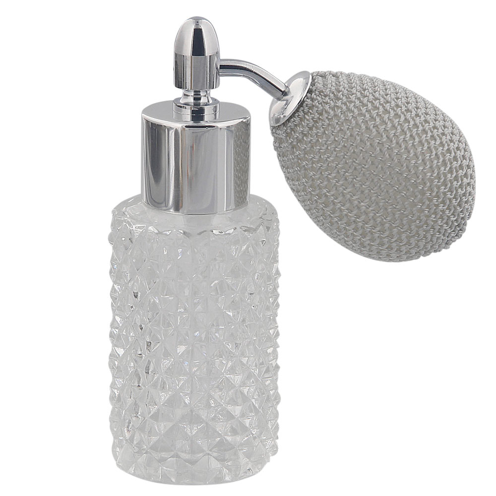 Kosmetex Glas-Flakon leer mit Kristallschliff, 25ml Parfüm-Zerstäuber mit Ballpumpe Silber