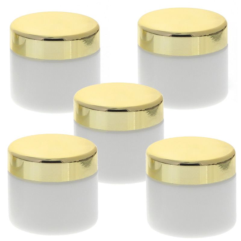 Weiß Glas-Tiegel 50ml mit Deckel Gold, Leere Kosmetex Glas Creme-Dose, Kosmetik-Dose aus Weißglas Weiß - Gold | 5 Stück