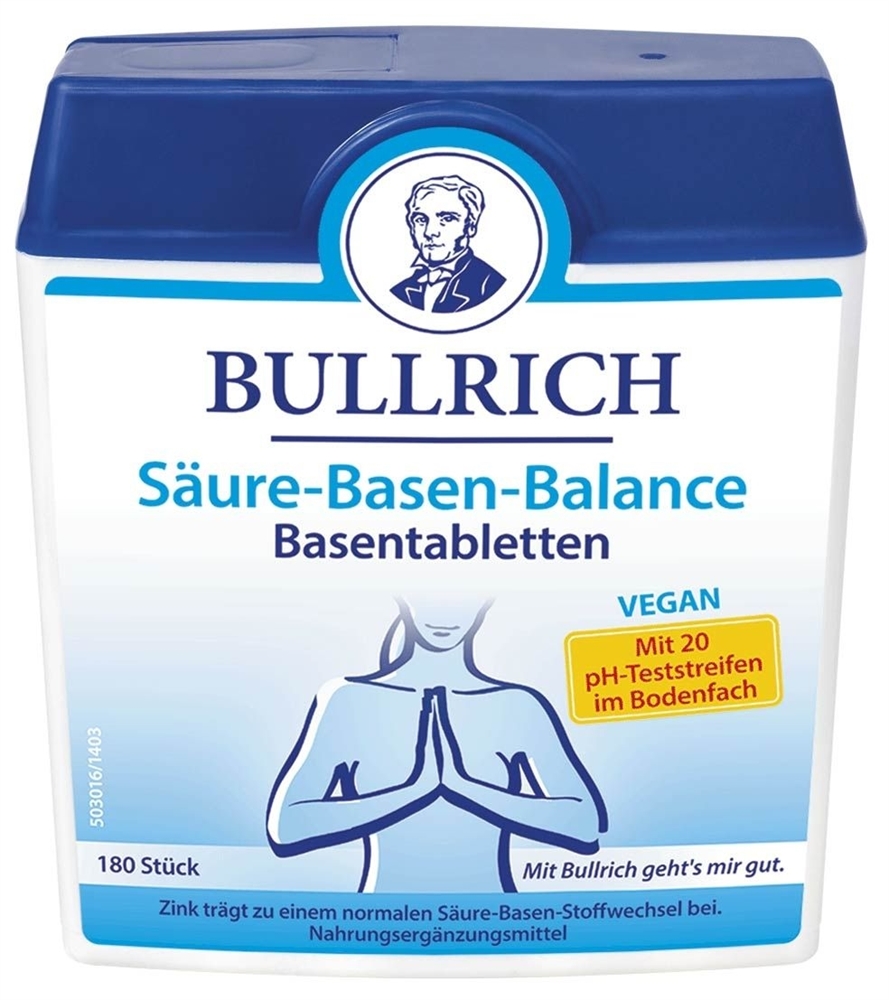 Bullrich Basentabletten, Säure-Basen-Haushalt, Vegan basisches Basenerzeugnis, mit Teststreifen im Bodenfach 180 Stück