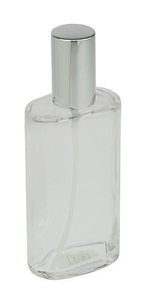 Ovaler Zerstäuber, Kosmetex Glas Flakon für Parfüm, Gesichtswasser, leer mit Zerstäuber, 100ml Silber