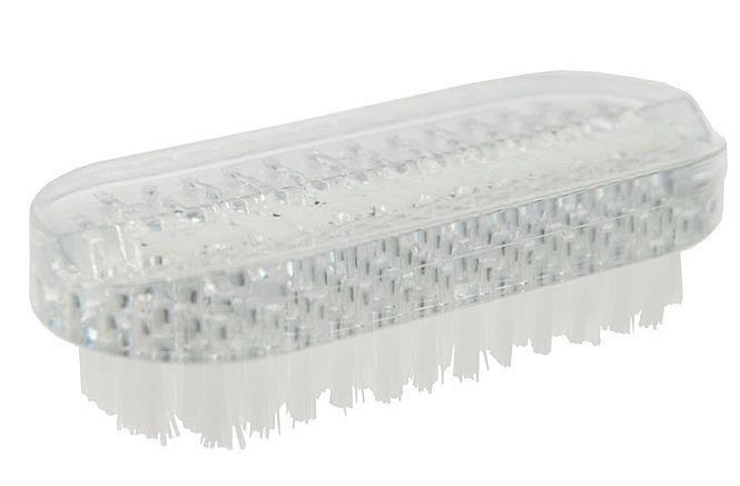 Nagelpflegebürste, glasklar mit weißen Borsten aus Nylon. Doppelseitige Verwendung. 