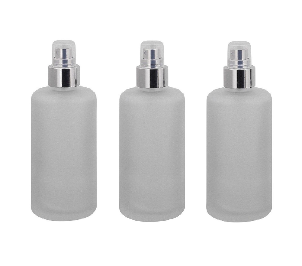 Mattglas, Zerstäuber-Flasche, m. silbernem Pumpzerstäuber Kosmetex Glas-Flasche, Flakon, leer 3× 100 ml silber Zerstäuber