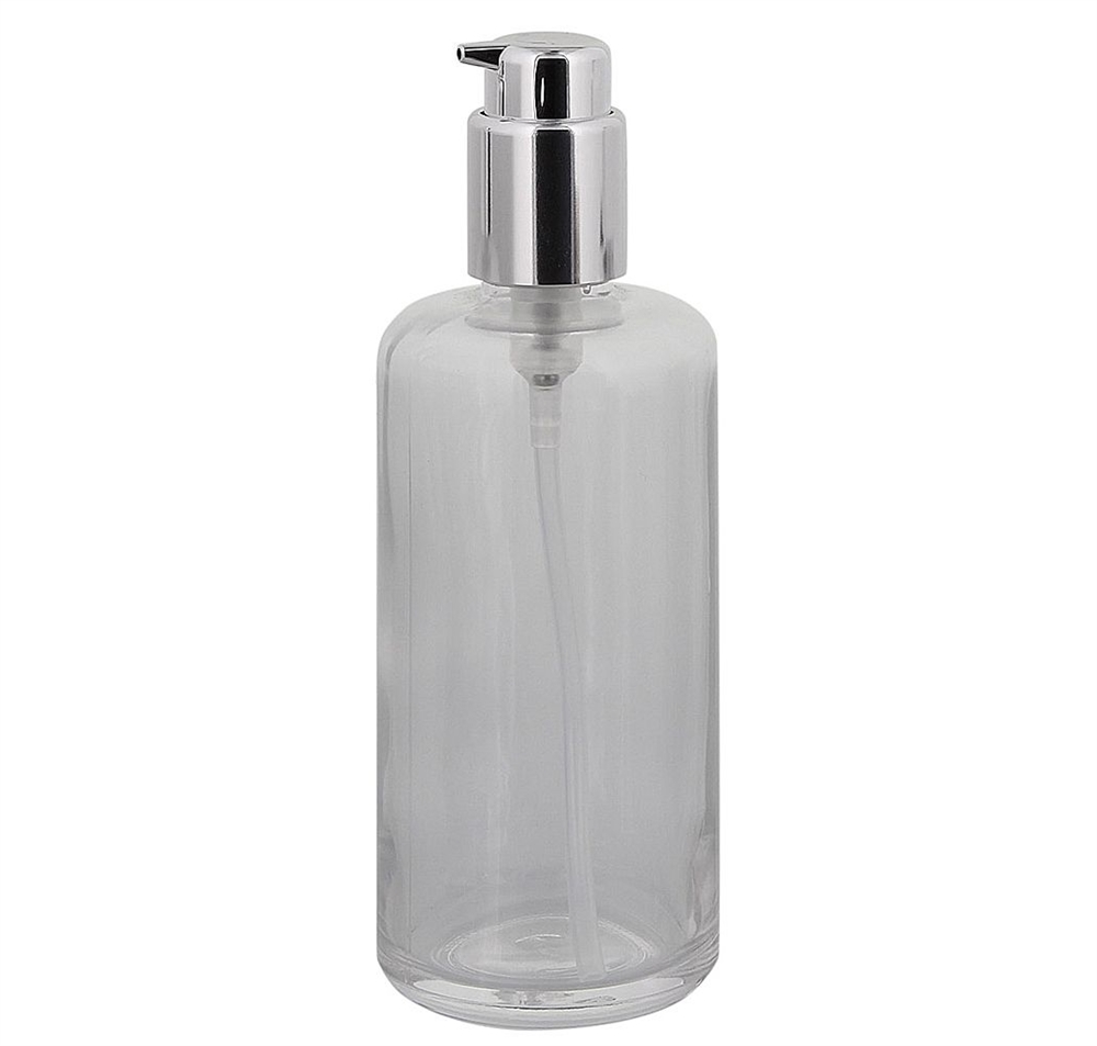 Klarglas, Gel-Spender Flasche, m. silber Lotionspender, 200 ml Kosmetex Glas-Flasche, Flakon, leer 