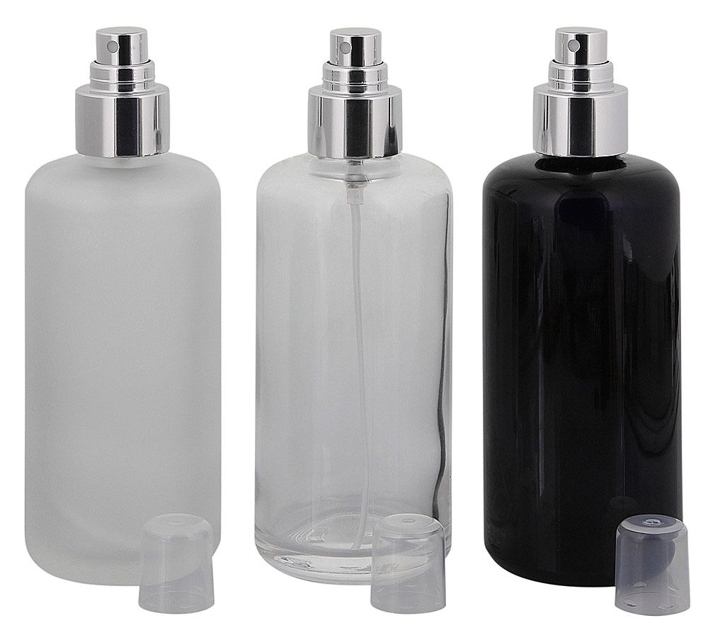 Zerstäuber-Flasche, m. silbernem Pumpzerstäuber, Flacon m. Pumper Kosmetex Glas-Flasche, Flakon, leer 
