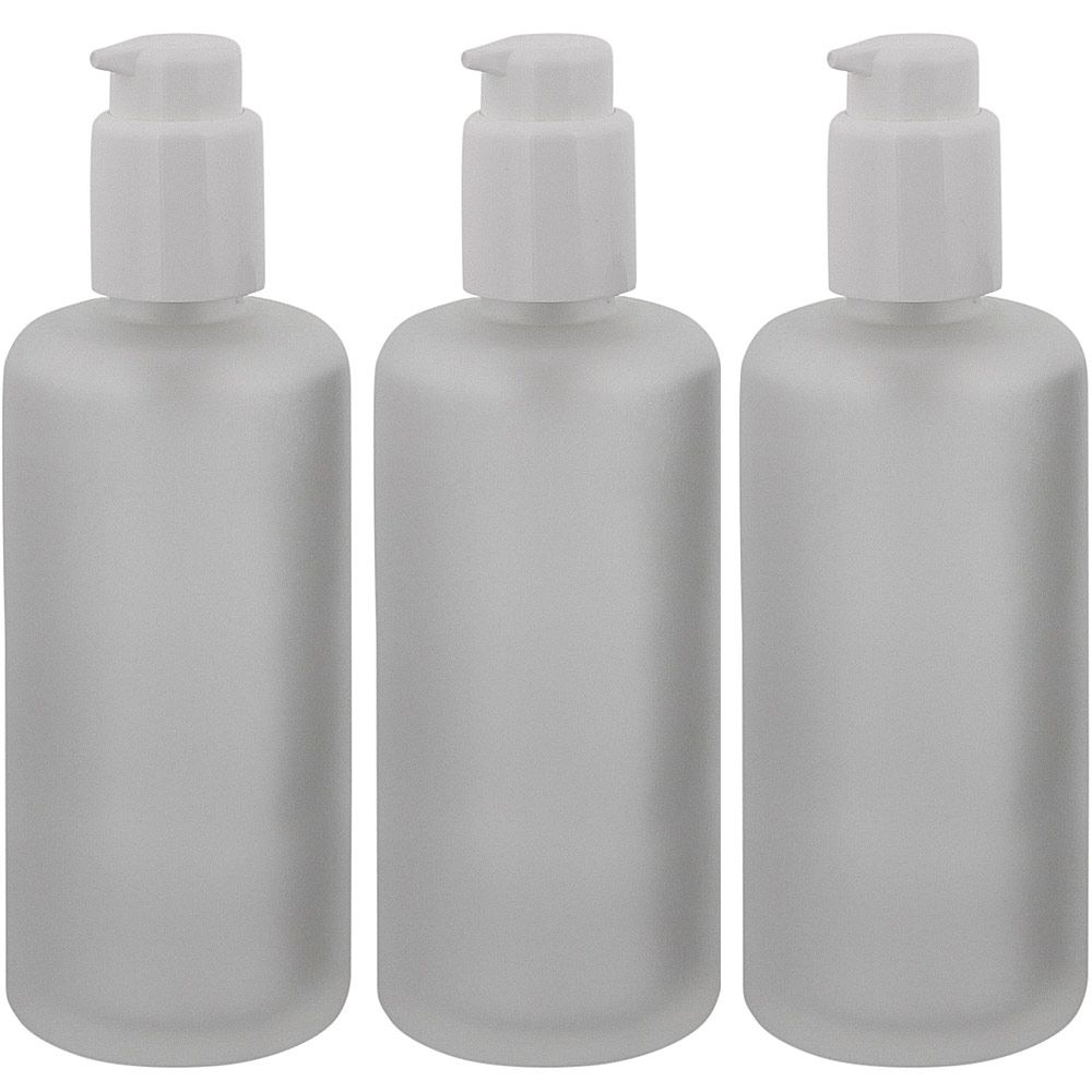 Mattglas, Gel-Spender Flasche, m. weißer Lotionspender, 200 ml Kosmetex Glas-Flasche, Flakon, leer 3× 200 ml Mattglas