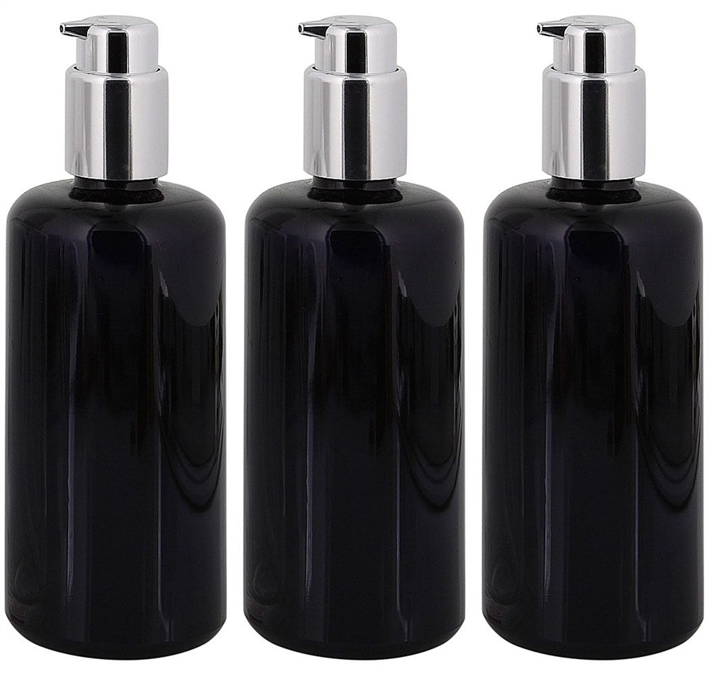 Violettglas Mironglas Gel-Spender Flasche silber Lotionspender Kosmetex Glas-Flasche, Miron Flakon, leer 3× 200 ml Violettglas