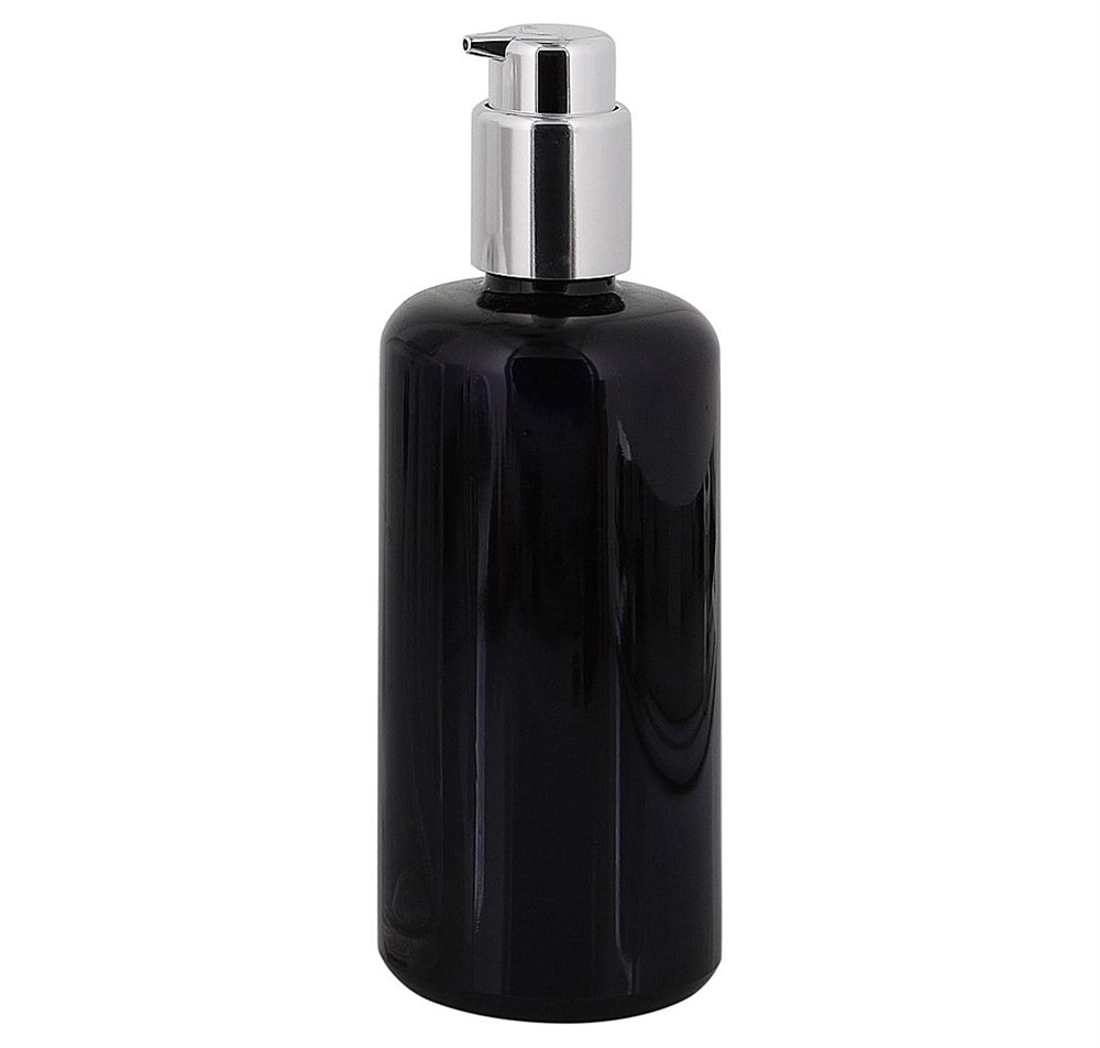 Violettglas Miron Gel-Spender Flasche, m. silber Lotionspender Kosmetex Glas-Flasche, Mironglas Flakon, leer 