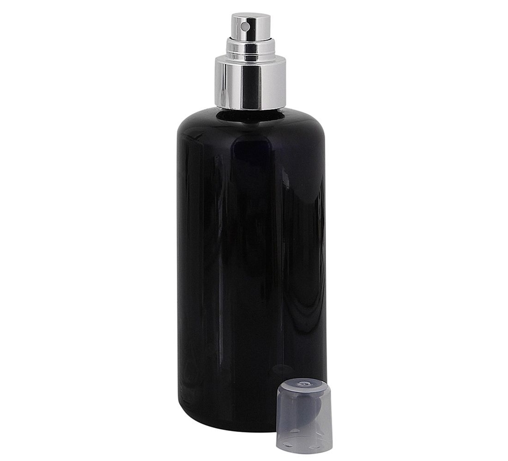 Violettglas, Zerstäuber-Flasche, m. silbernem Pumpzerstäuber Kosmetex Glas-Flasche, Flakon, leer 