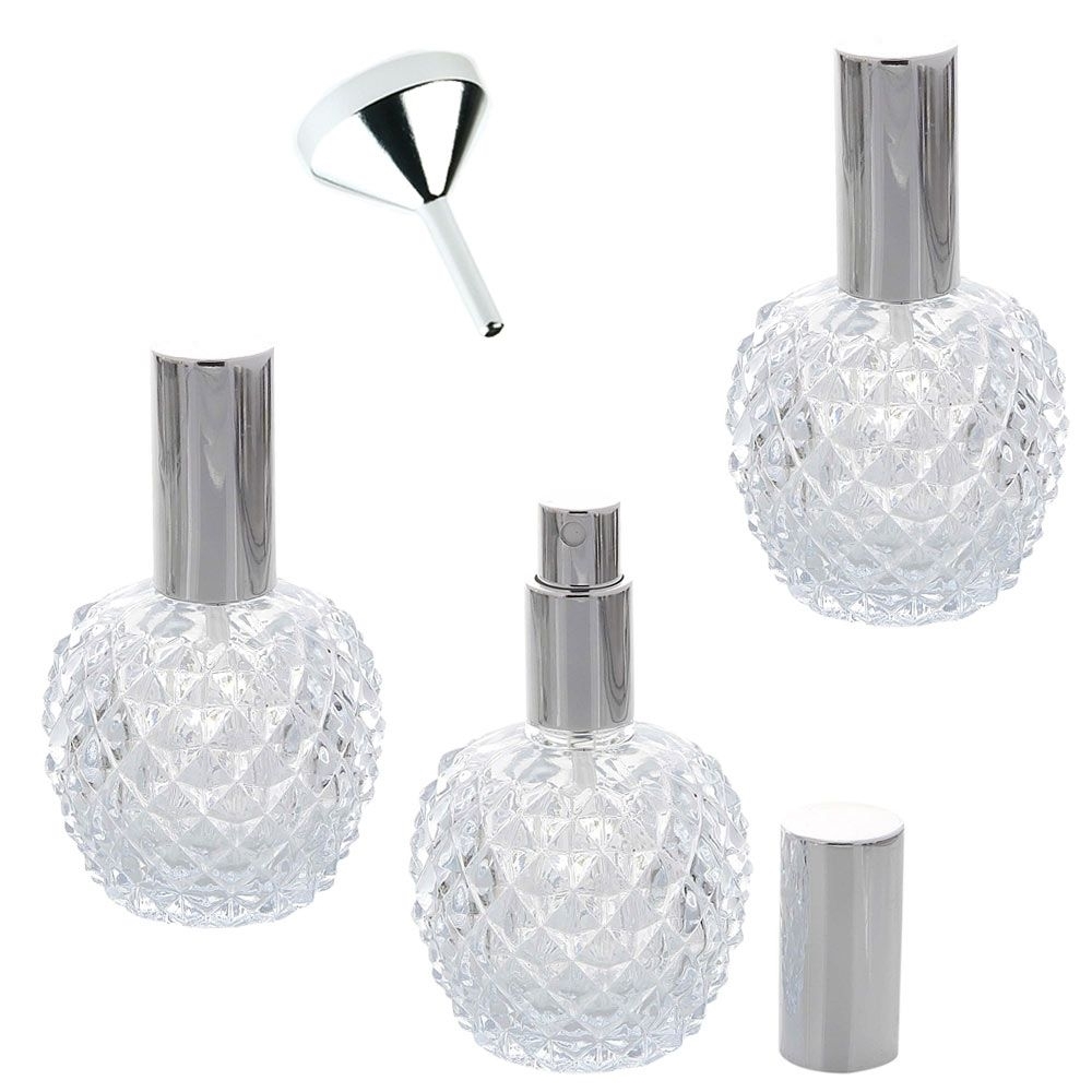 Parfümflakon Kosmetex Zerstäuber, runde Form 75 ml Flakon für Parfum, Colognes, leer 3x Silber +Trichter