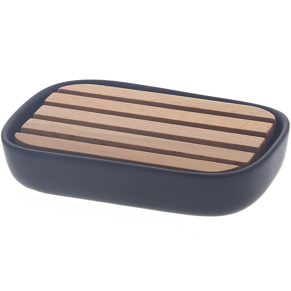 Seifenschale Kosmetex Keramik schwarz, Abtropfbrett Buche, 