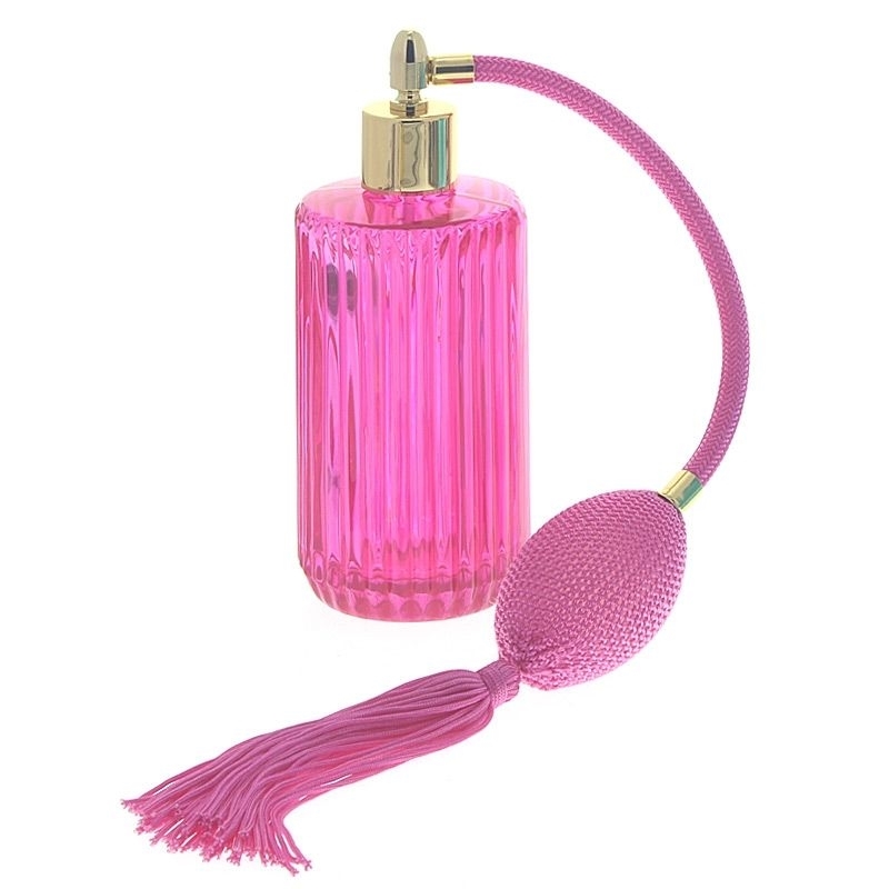 Rosa Glas-Zerstäuber mit Ballpumpe und Quaste, Pink Kosmetex Parfüm-Flakon Pumpzerstäuber leer, 100ml Pink