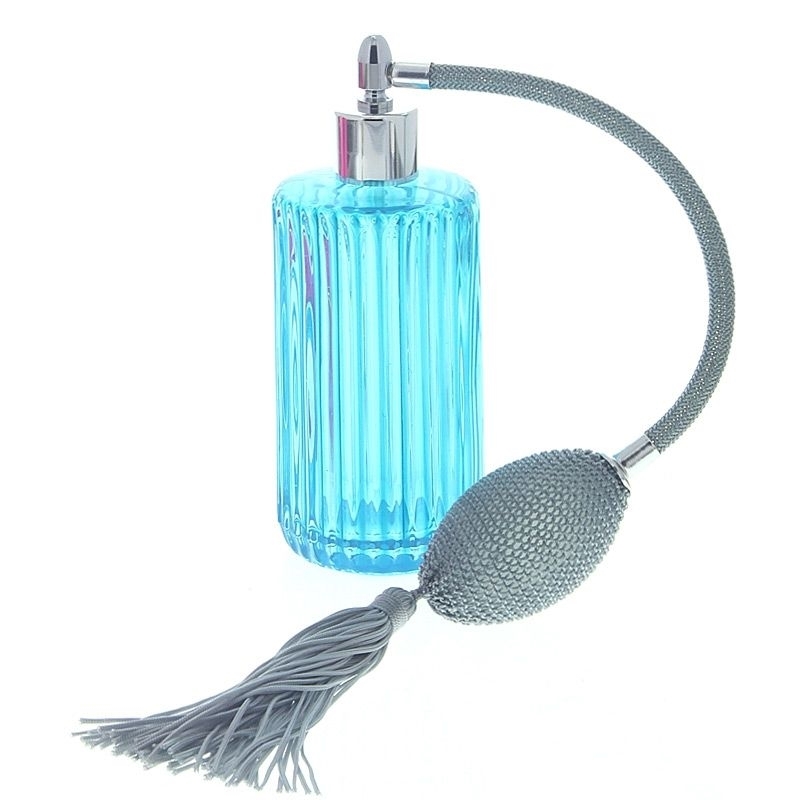 Türkiser Glas-Zerstäuber mit Ballpumpe und Quaste, blauer Kosmetex Parfüm-Flakon leer, Art deco Stil, 100ml Türkis