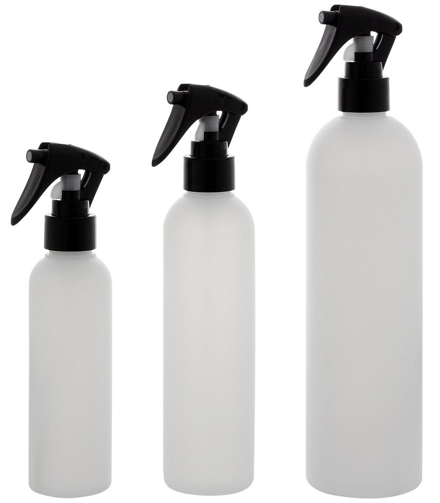 Leere Friseursprühflaschen 150 ml, 250ml u. 500ml, Kosmetex Sprühflasche, Plastik, zylindrisch, halbtransparent 3er MixSet Transparent