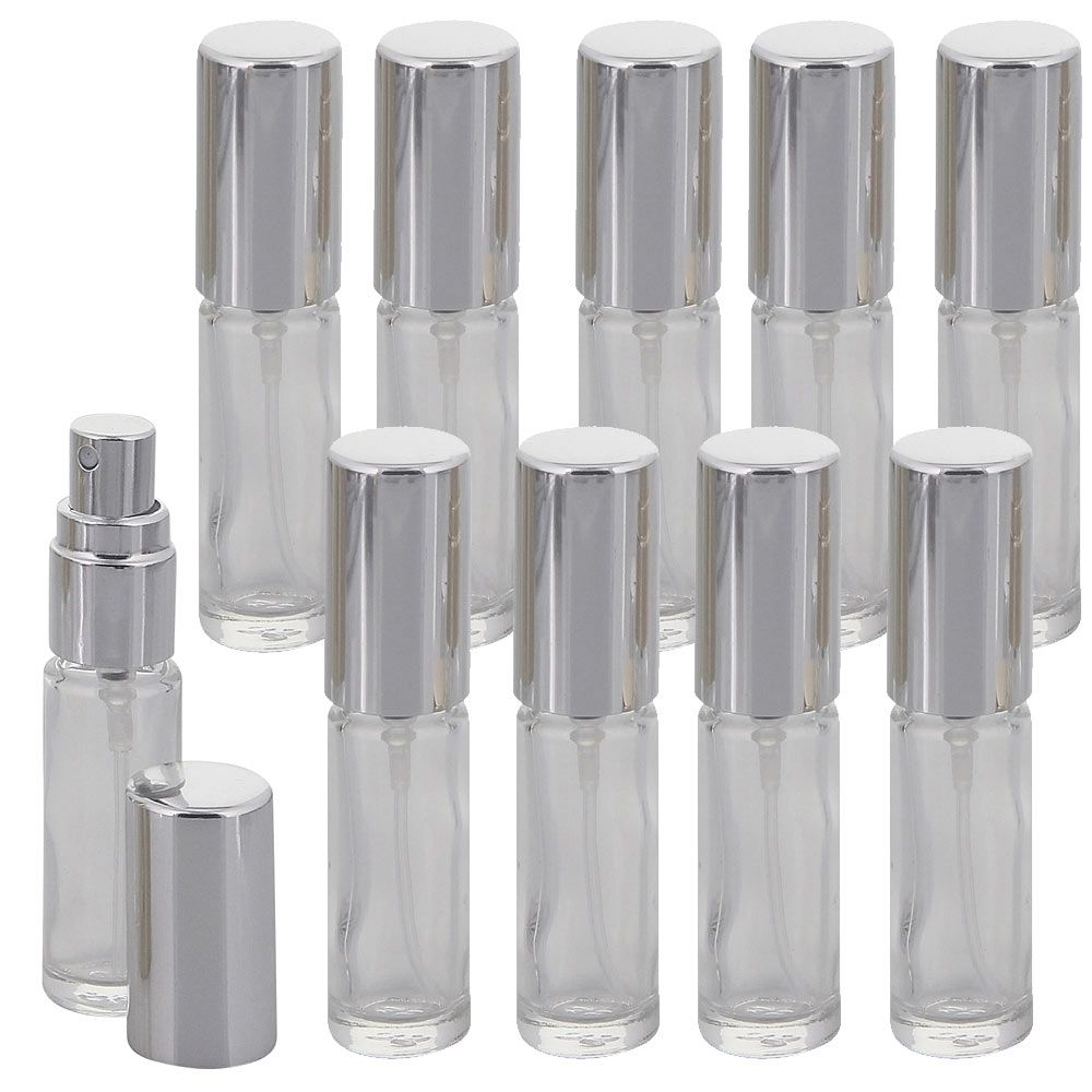 10 Mini Parfüm-Zerstäuber Silber leer, je 5ml Kosmetex Glas-Flakon für Parfum, Colognes