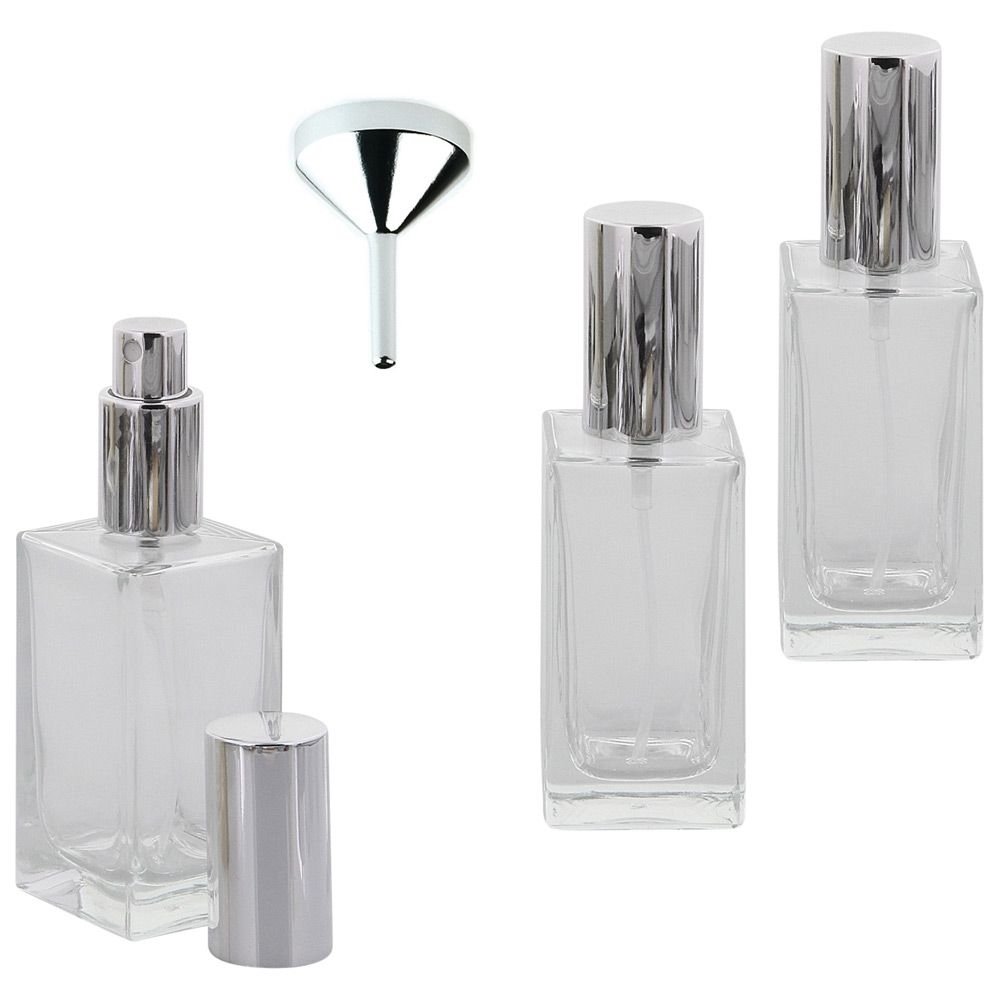 Kubischer Parfümflakon Glas mit Zerstäuber, Kosmetex eckiger Flakon für Parfum Colognes, leer 50ml 3x Silber +Trichter
