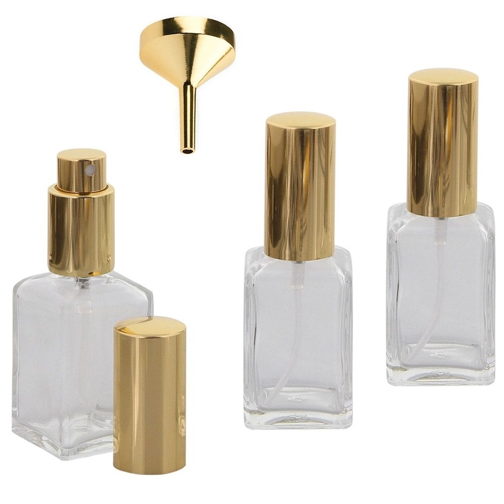 Kubischer Parfümflakon Glas mit Zerstäuber, Kosmetex Flakon für Parfum Colognes, leer 30ml 3x Gold +Trichter