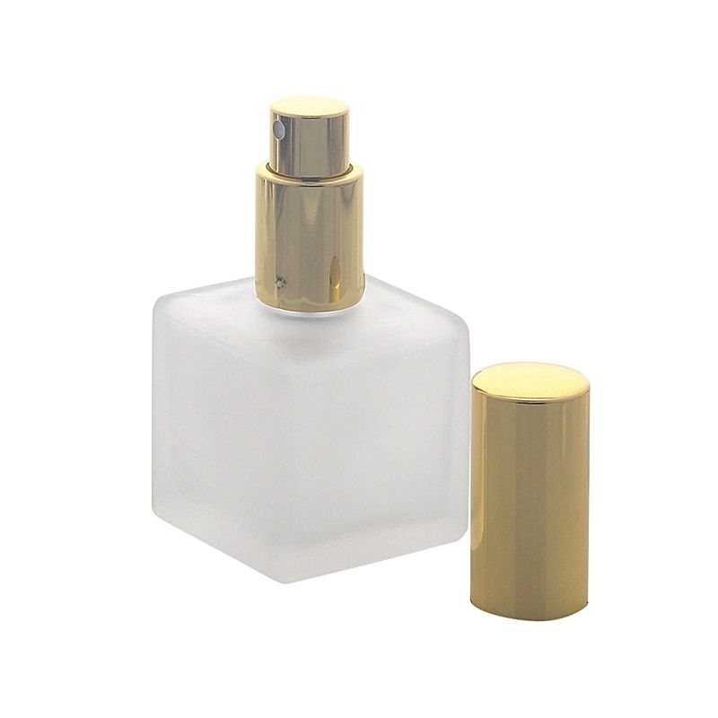Kosmetex Kubischer Glas-Flakon, 50 ml mit silber oder gold Parfüm-Zerstäuber Mattglas Gold