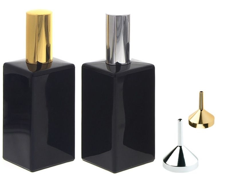 Zwei schwarze Glas-Flakon mit Trichter, 100ml Kosmetex Parfüm-Zerstäuber silber und gold. leer 2er Set+2 Trichter