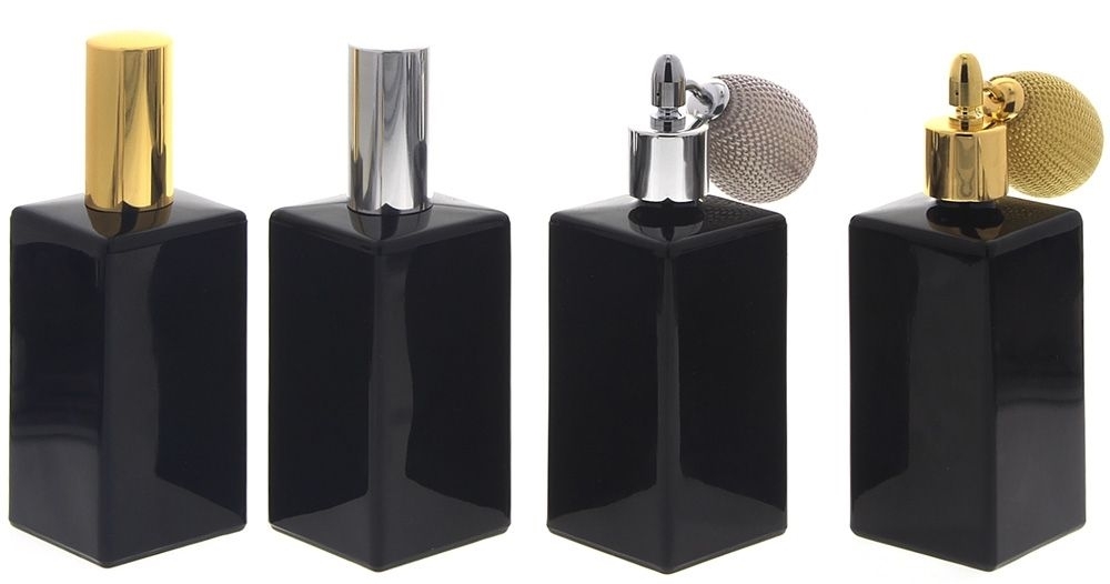 Glas-Flakon schwarz mit Zerstäuber oder Ballpumpe, 100ml Kosmetex Parfüm-Zerstäuber, schwarz, leer