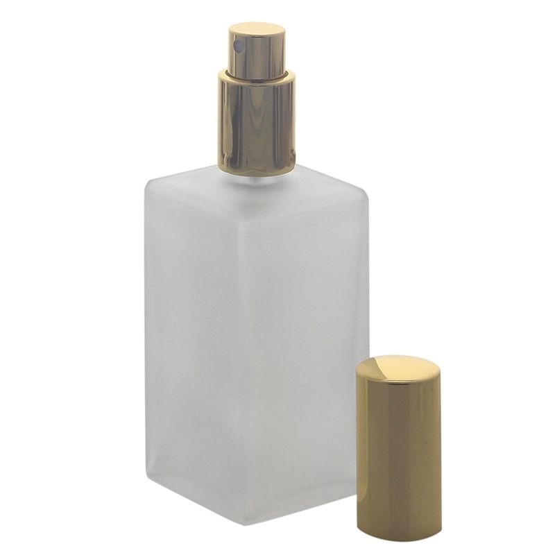 Kosmetex Kubischer Glas-Flakon, matt, 100 ml mit goldfarbenem Zerstäuber. Gold