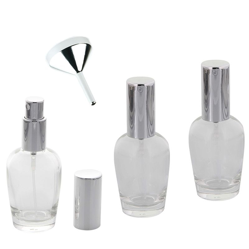 Kosmetex Parfümflakon Glas mit Zerstäuber, 50ml Flakon Flaschenform für Parfum, Colognes, leer 3x Silber +Trichter