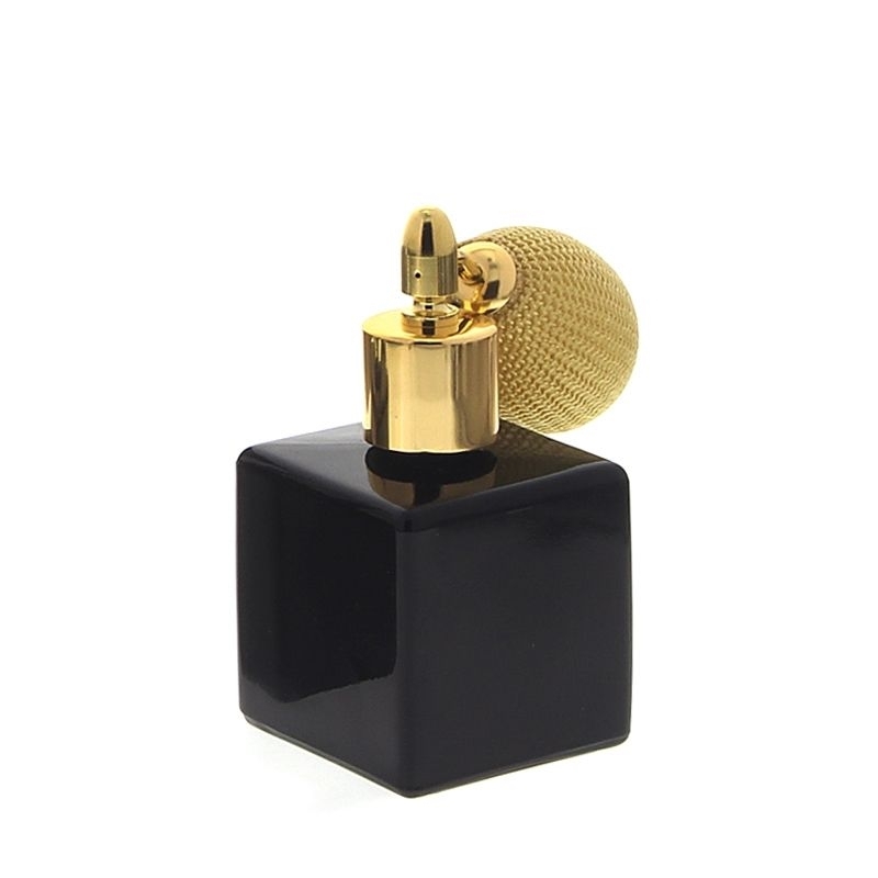 Schwarzer Glas-Flakon mit goldenem Aufsatz und Ballpumpe, 50ml Kosmetex Glas Parfüm-Zerstäuber, leer 