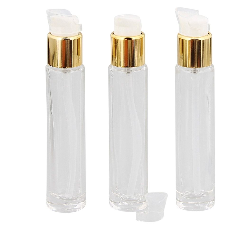 Runder Glas-Flakon 15 ml, Gold Pumper, Gel-Spender, Kosmetex Pumpflasche, Gel, Lotion-Spender, leer 