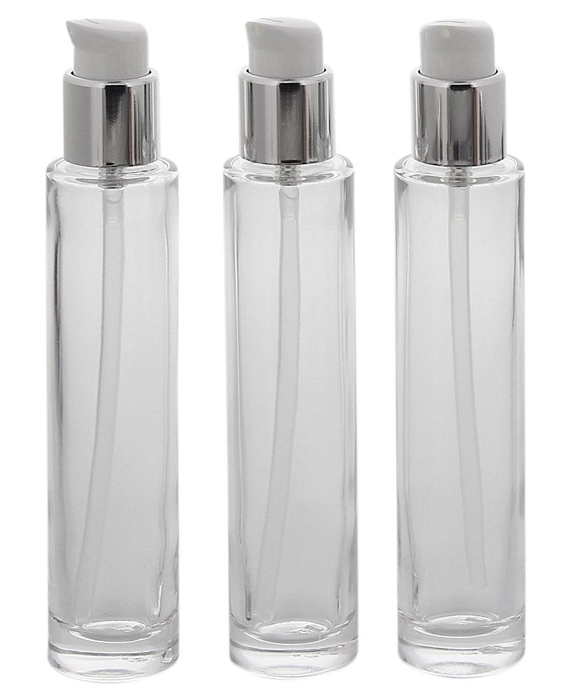 Runder Glas-Flakon m. Pumper, Gel-Spender, 30 ml Kosmetex Pumpflasche, Gel, Lotion-Spender, leer 3x 30ml Silber