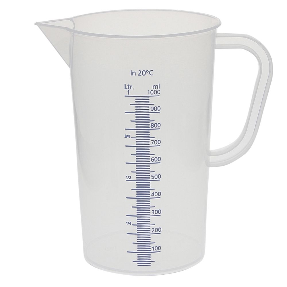 Messbecher 1000 ml, erhabene blaue Skala, Dosierbecher luzent 1000 ml m.Henkel