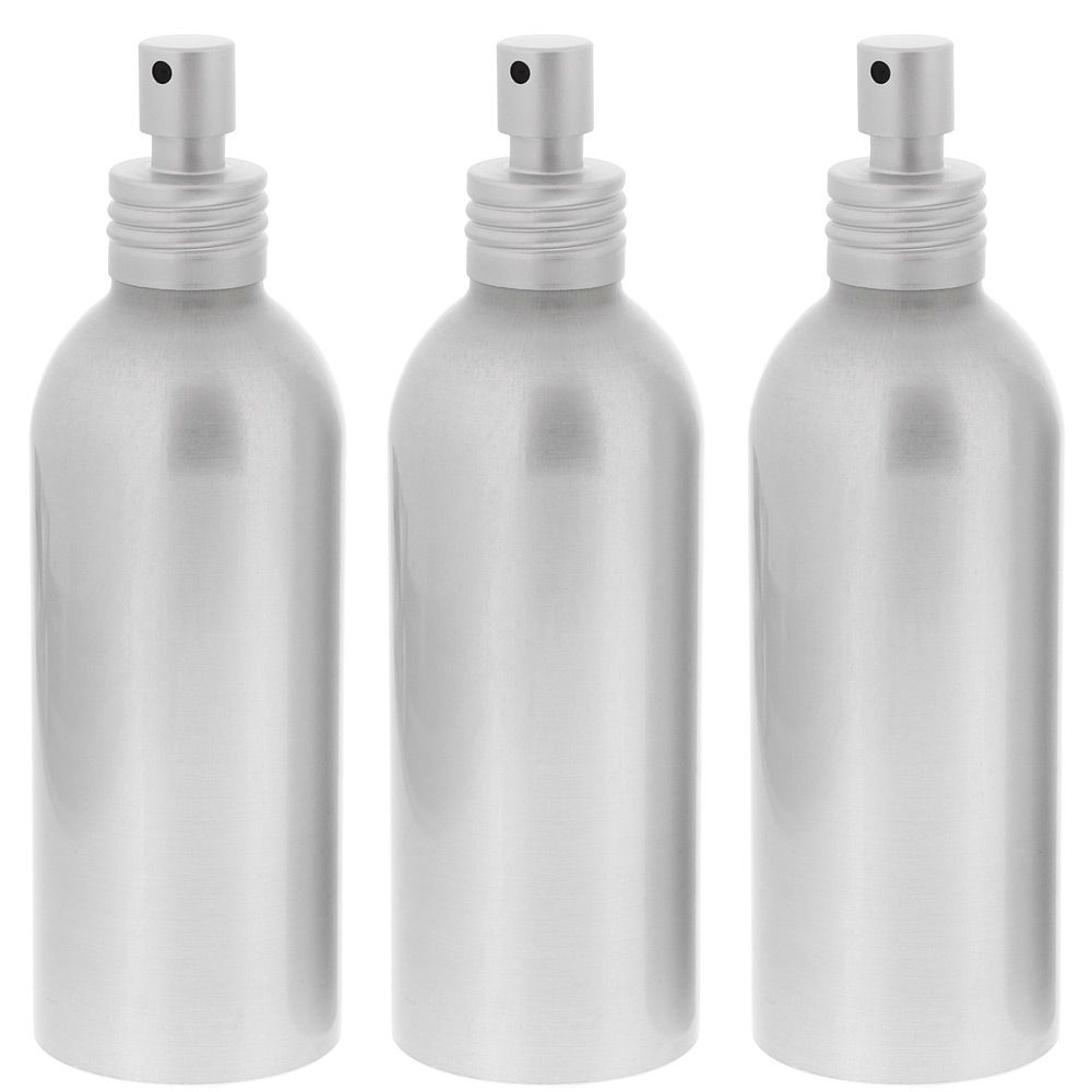 Aluminium-Flasche, Zerstäuber, Alu Sprühflasche leer, 200ml Kosmetex, bruchsicher, rund 3× 200 ml Zerstäuber