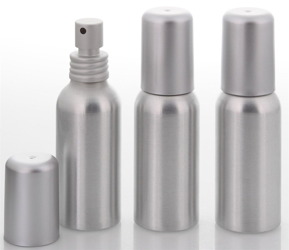 Aluminium-Flasche, Pump-Zerstäuber, Alu Sprühflasche leer, 50 ml Kosmetex, bruchsicher, rund 3× 50 ml Zerstäuber