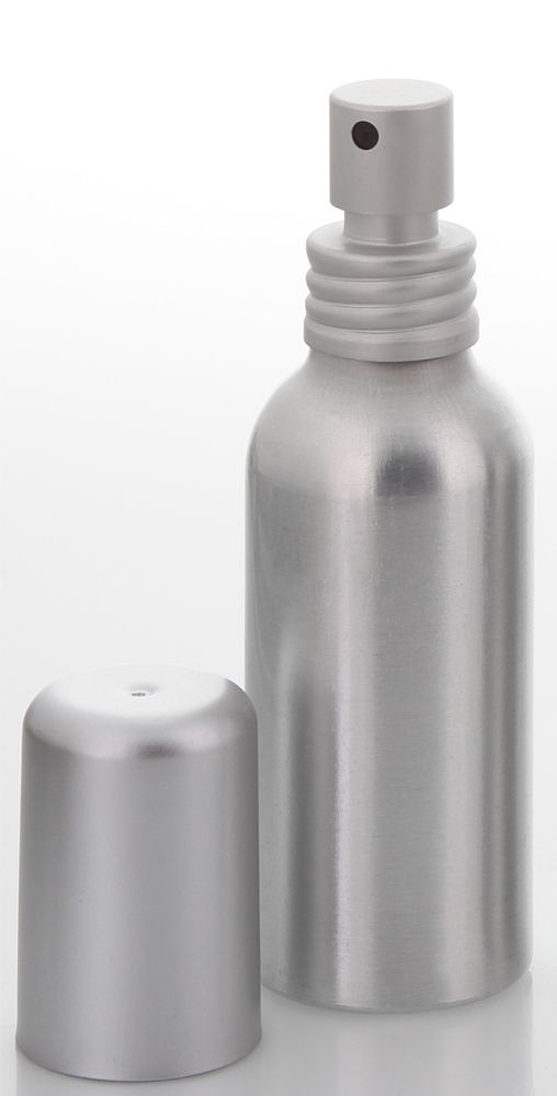Aluminium-Flasche, Pump-Zerstäuber, Alu Sprühflasche leer, 50 ml Kosmetex, bruchsicher, rund 