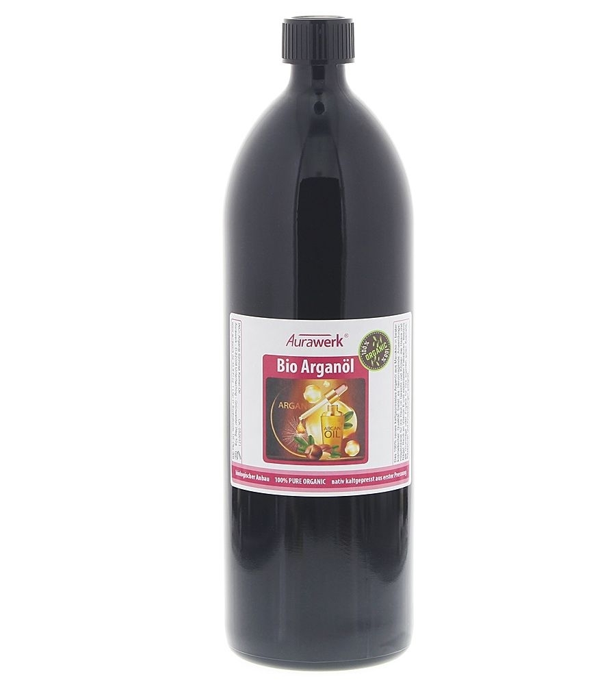 Aurawerk Reines Arganöl 100% kalt gepresst, nativ aus Marokko in Lichtschutz Violett-Glas Flasche 1000ml, USDA, CCPB Zertif. 1 Liter