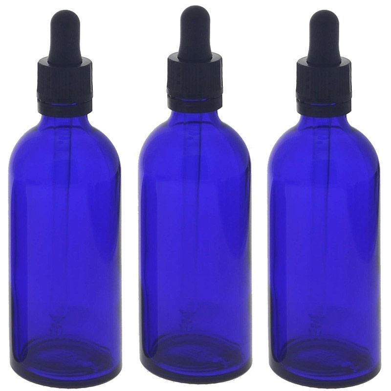 Kosmetex Blauglasflasche mit Pipette, leere blaue Glasflasche, Pipettenflasche mit kompletter Pipettenmontur. 3x 100ml