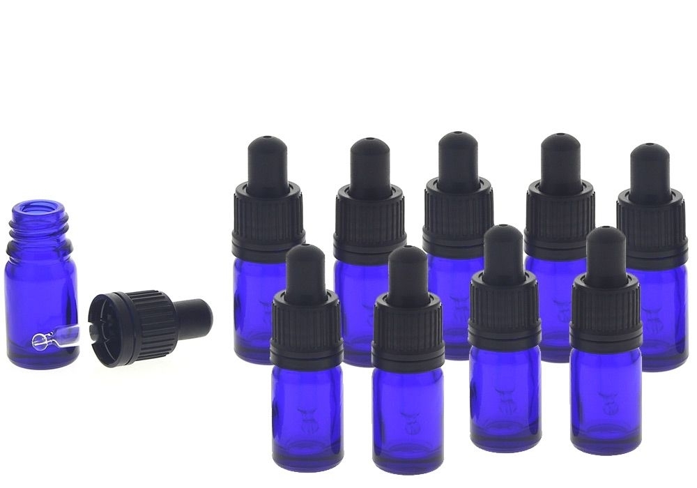 Kosmetex Extra kleine Pipettenflasche 5 ml, Mini Blauglas Flasche mit Pipette, nur 7cm hoch, 10 Stück