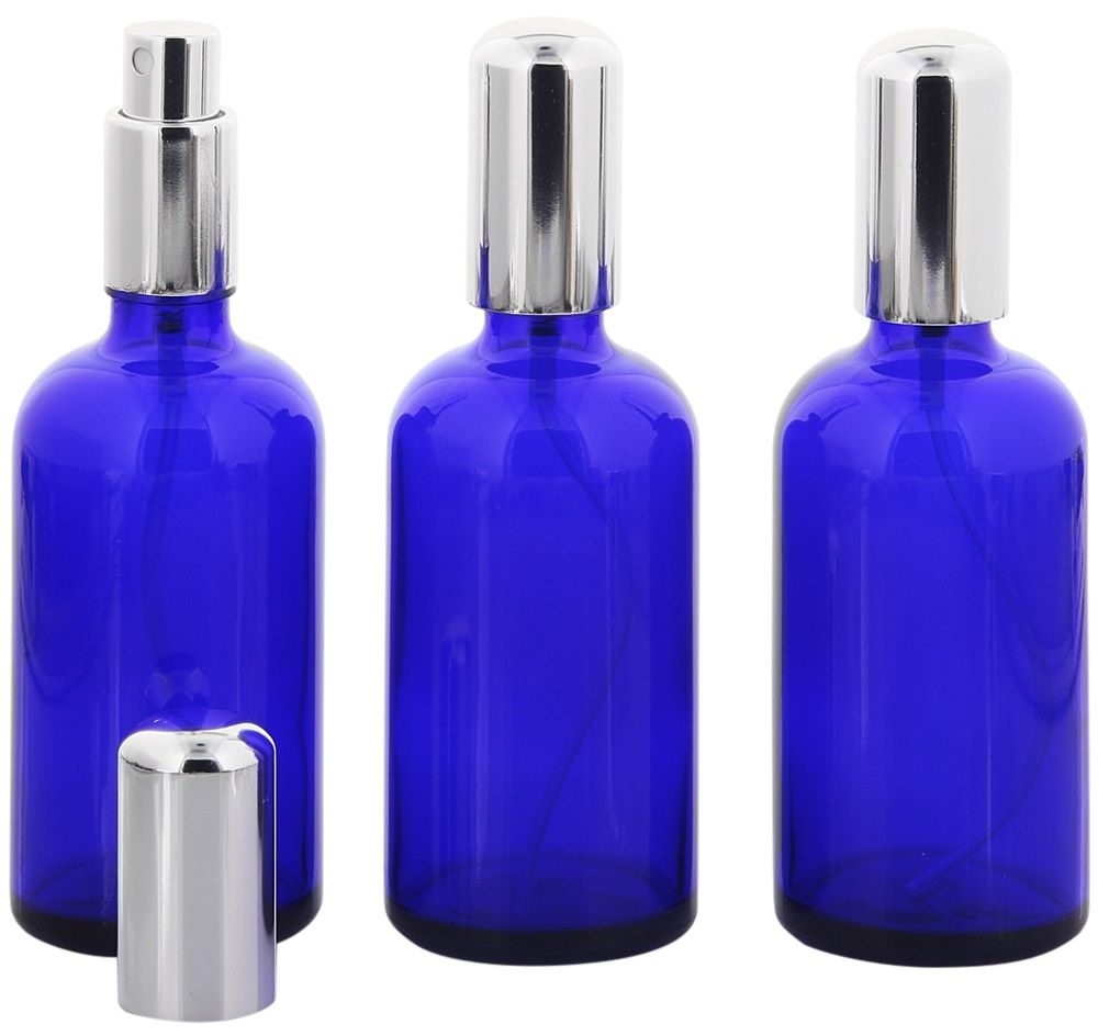 Blauglas Zerstäuberflasche, Sprühflakon, m. Pumpzerstäuber Kosmetex Parfümflakon, leer, 100 ml 3× 100 ml Blauglas