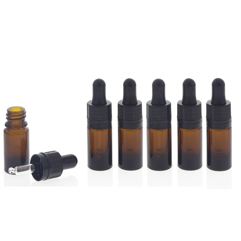 Kosmetex Extra kleine Pipettenflasche 5ml, Mini Braunglas Flasche mit Pipette, nur 7 cm hoch, 6× braun