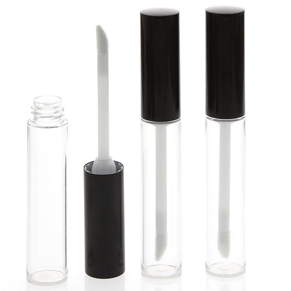 3 glasklare Lipgloss Flaschen Rund mit Applikator, Kappe schwarz, Kosmetex Lipgloss-Garnitur DIY, leer, 7ml 3 Stück