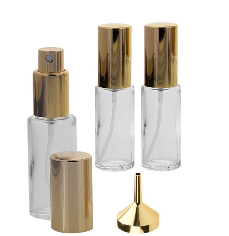Runder Klarglas Kosmetex 20ml Flakon mit gold. Zerstäuber plus Trichter 3x Gold +Trichter