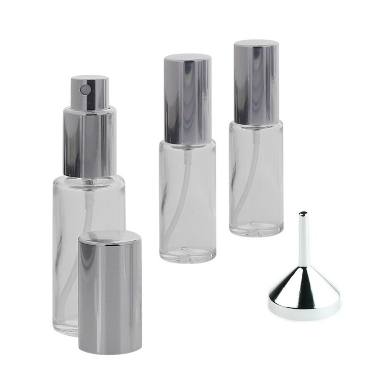 Runder Klarglas Kosmetex 20ml Flakon mit silber. Zerstäuber plus Trichter 3x Silber +Trichter