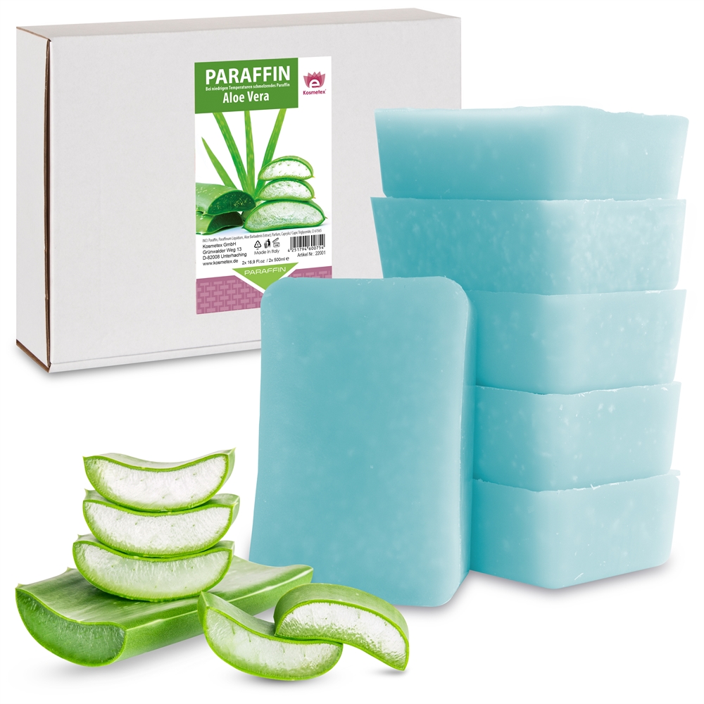 Kosmetex Paraffin-wachs, Paraffinbad Wachs mit niedrigeren Schmelzpunkt mit Aloe Vera Extrakt 6x 500ml Aloe Vera
