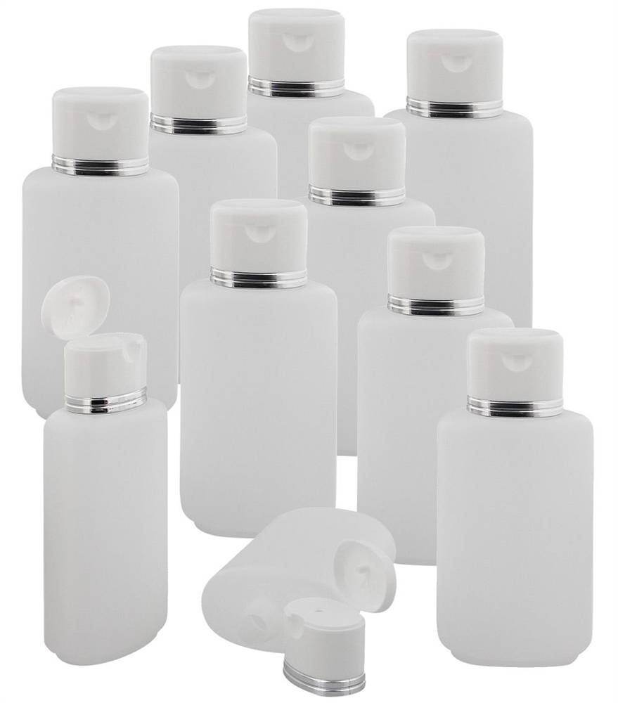 10 ovale Klappflaschen transparent mit Silberrand 250ml Kosmetex leer zum Befüllen mit Gel, Lotion, Shampoo Dusch-Flasche 10 Stück