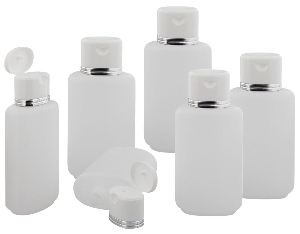 6 ovale Klappflaschen transparent mit Silberrand 250ml Kosmetex leer zum Befüllen mit Gel, Lotion, Shampooflasche 6 Stück