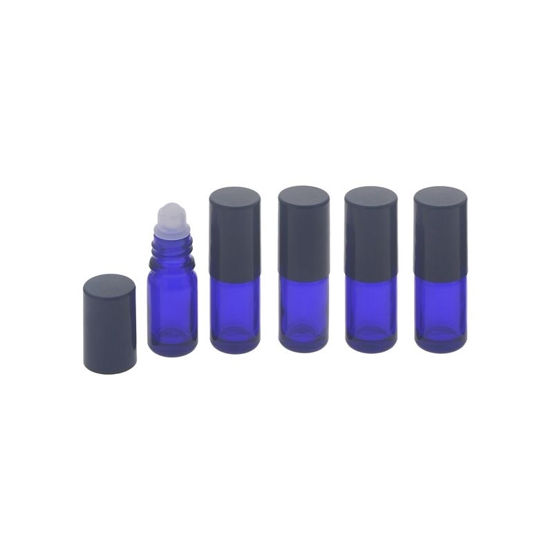 Blauglas Deostick 5ml, leere blaue Flasche mit Deo-Roller und Kappe, zum Selbst befüllen, ca. 62 x Ø 22 mm, Kosmetex, 5 Stück 5 x 5ml