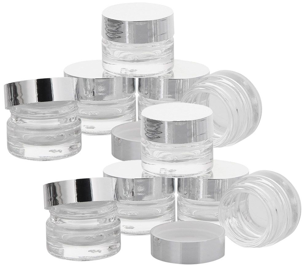 Klarglastiegel m. Kunststoff-Deckel, 3 ml Leerer Tiegel, Kosmetex Glasdose 10× silber