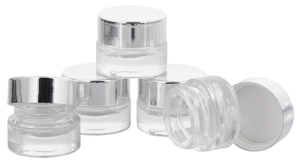 Klarglastiegel m. Kunststoff-Deckel, 5 ml Leerer Tiegel, Kosmetex Glasdose 5× silber