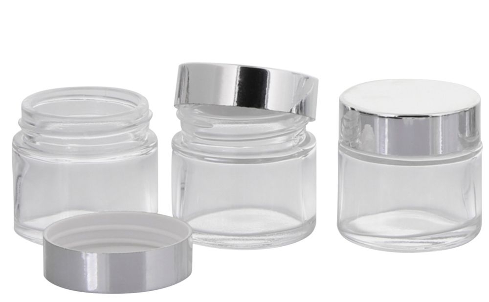 Klar Glas-Tiegel 30 ml mit Silber Deckel, Leere Kosmetex Glas Creme-Dose, Kosmetik-Dose aus Klarglas 3× 30 ml Klarglas Silber Deckel