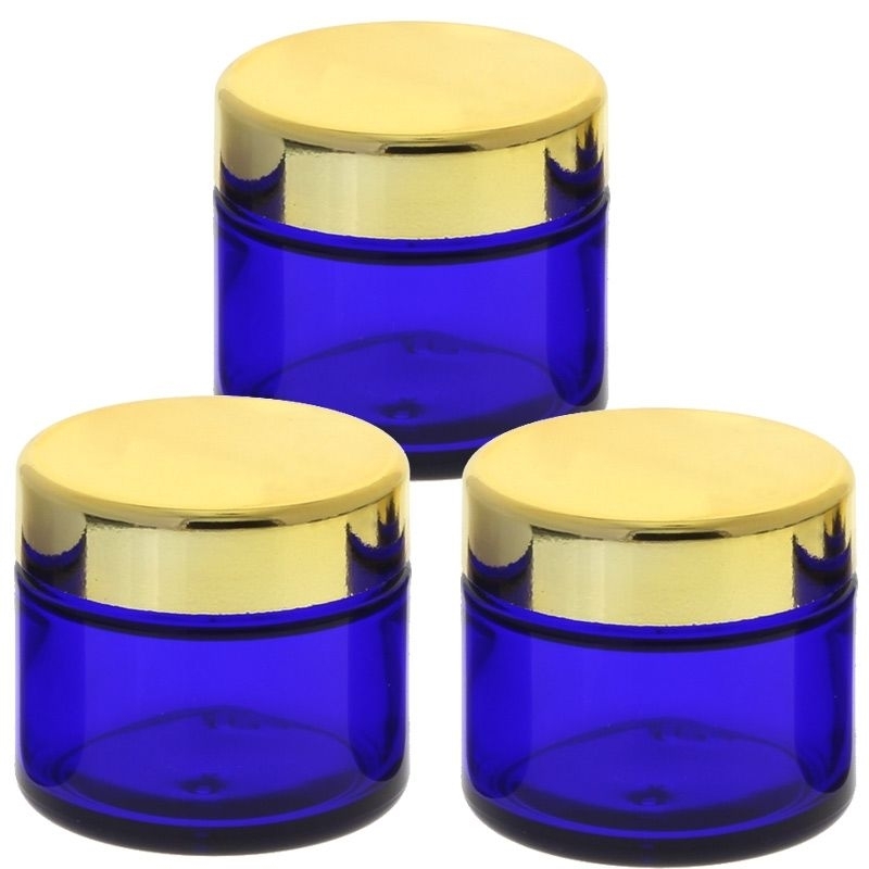 Blau Glas-Tiegel 50ml mit Deckel Gold, Leere Kosmetex Glas Creme-Dose, Kosmetik-Dose aus Blauglas 