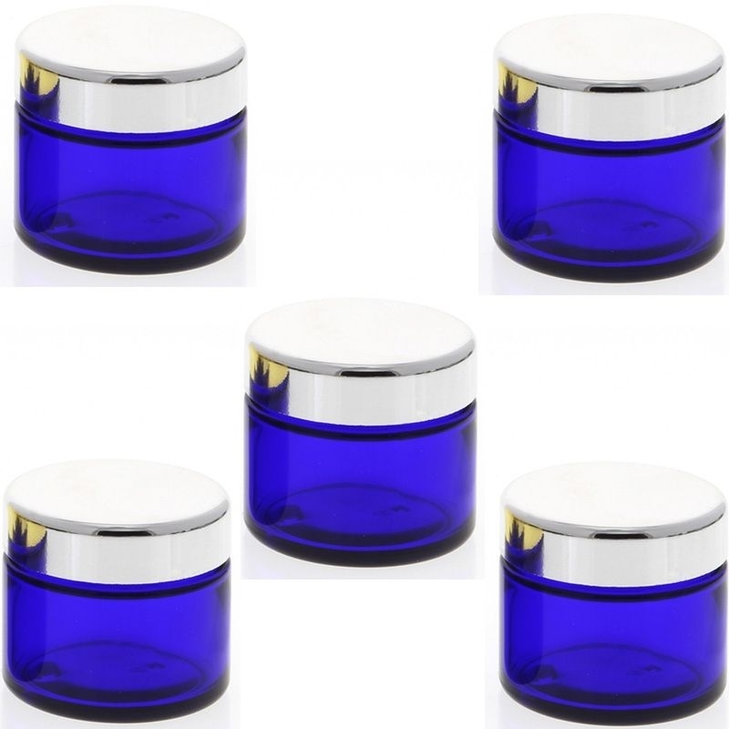 Blau Glas-Tiegel 50ml mit Deckel Silber, Leere Kosmetex Glas Creme-Dose, Kosmetik-Dose aus Blauglas 